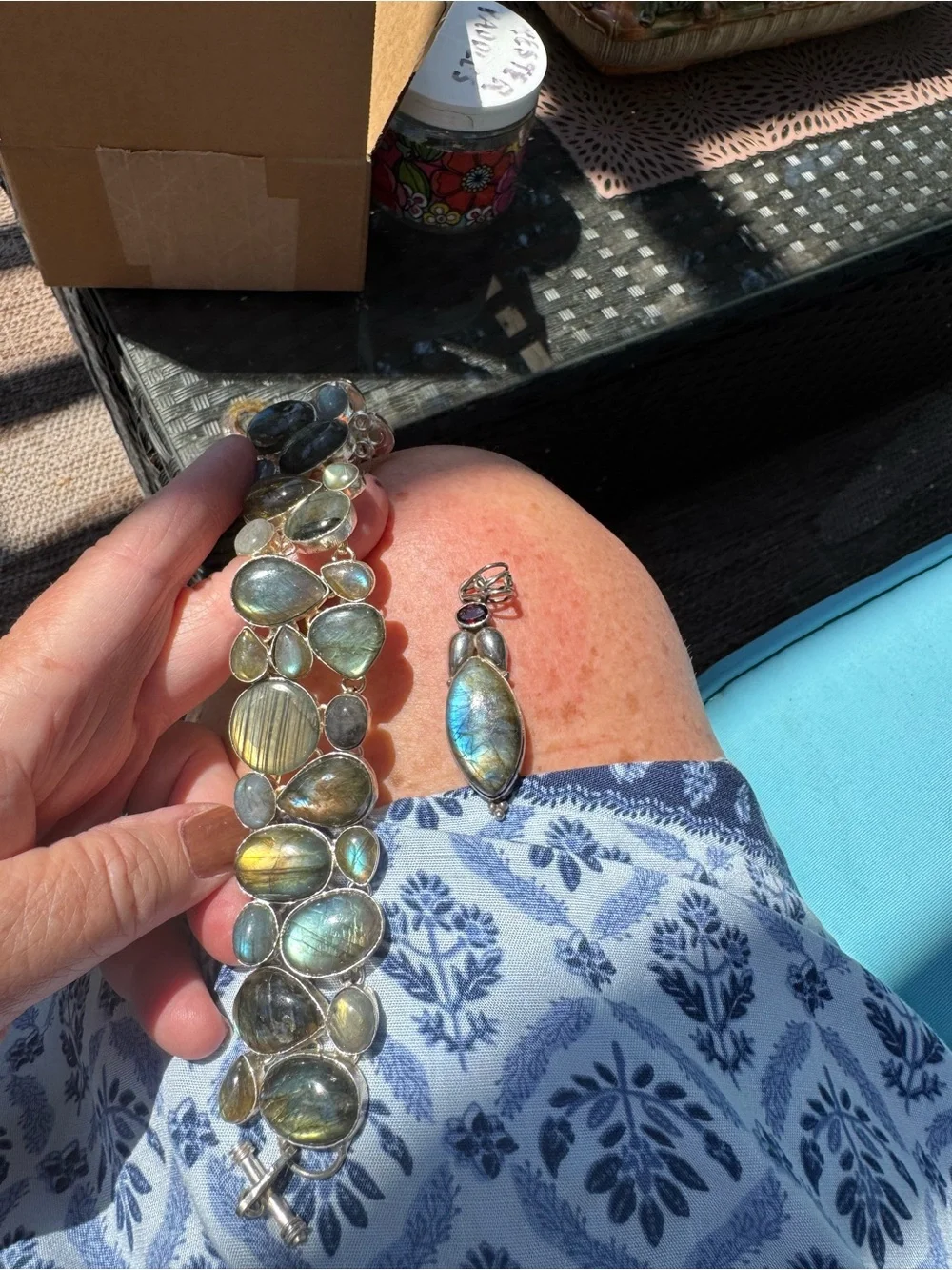 Sterling Silver Labradorite Bracelet & pendant w garnet & green diopside pendant - Picture 9 of 15